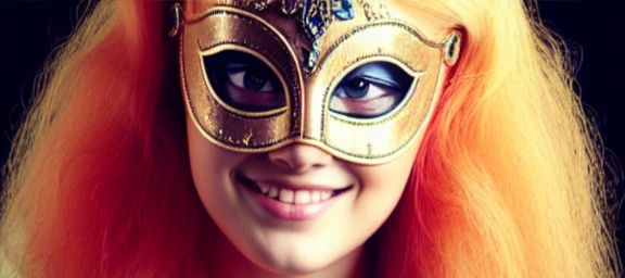 Redhead girl wearing a half face Venetian mask.